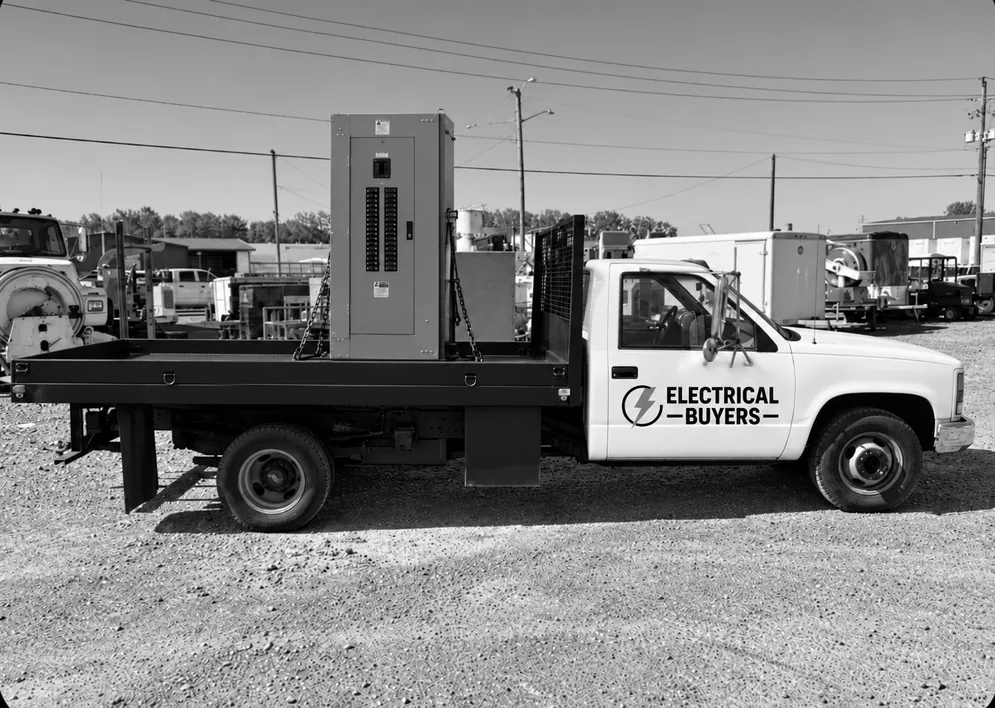 Black-and-white photograph of an Electrical Buyers flatbed truck carrying an electrical panel.